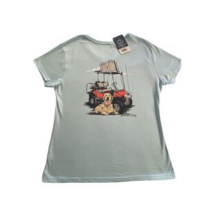 SOUTHERN LURE WOMENS XLARGE FISHING CART WITH DOG SKY BLUE VNECK TSHIRT